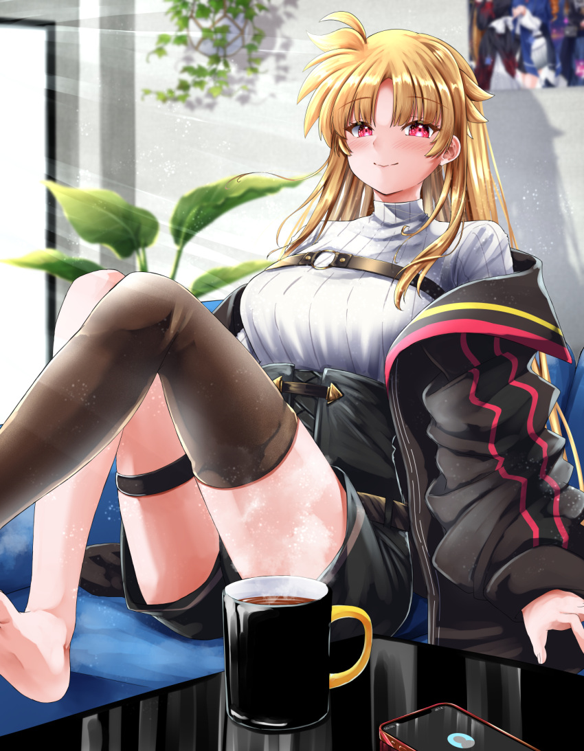 1girl, alternate_costume, asymmetrical_legwear, barefoot, belt, black_jacket, black_skirt, black_thighhighs