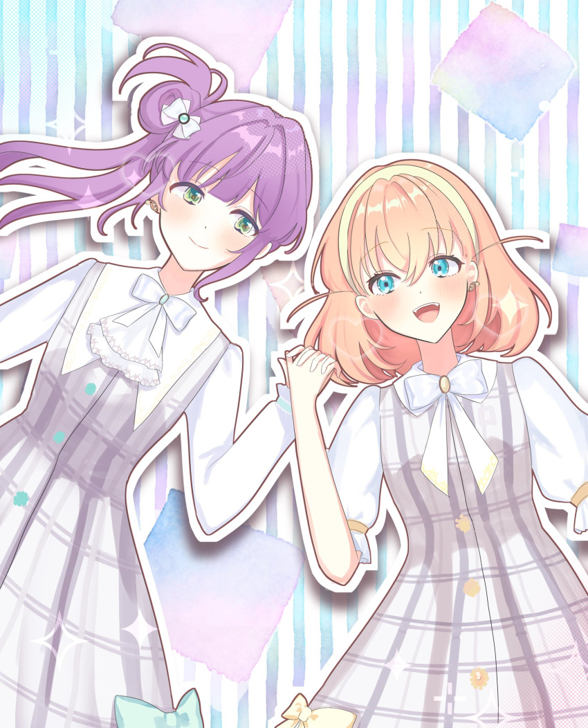 2girls, :d, ascot, blue_background, blue_eyes, blush, bourei_(lvle_aqhs), bow