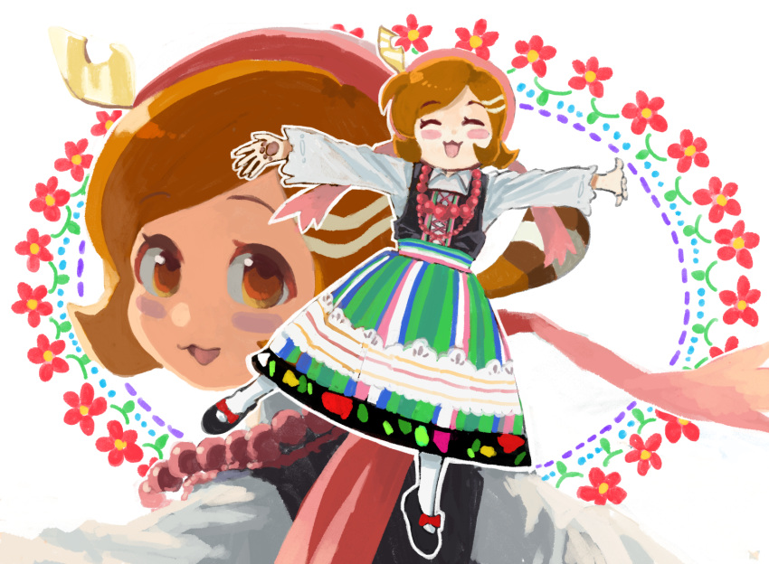 1girl, ^_^, apocalypse_hotel, bandana, black_shoes, black_vest, blush_stickers, brown_eyes