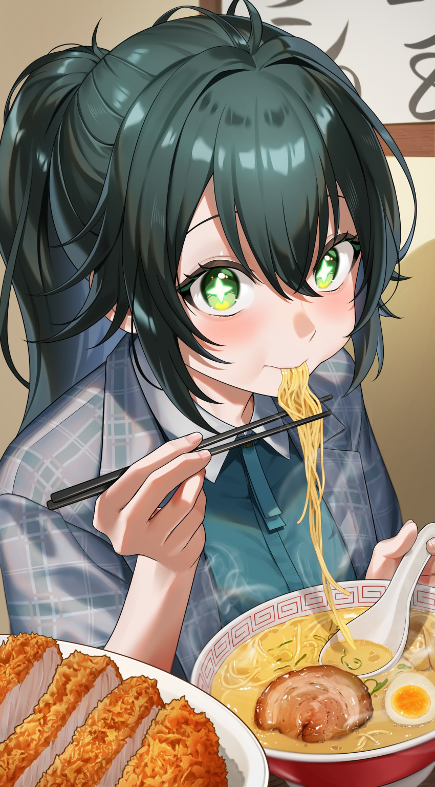 1girl, absurdres, antenna_hair, blush, chinese_spoon, chopsticks, coat, eating