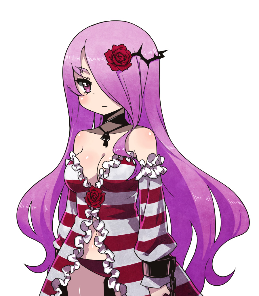 cleavage, criminal_girls, flower, himekami_(criminal_girls), ichihaya, long_hair, navel, nippon_ichi, official_art, panties, pink_eyes, pink_hair, red_rose, rose, simple_background, solo, striped, thorns, underwear