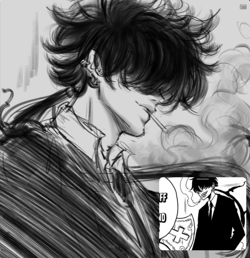1boy, black_hair, black_necktie, cigarette, ear_piercing, ethjayy, exorcist_no_kiyoshi-kun, greyscale, hair_over_eyes, highres, long_hair, male_focus, monochrome, mouth_hold, multiple_views, necktie, piercing, ponytail, reference_inset, sketch, smoke, smoking, suit, toji_shuten, upper_body