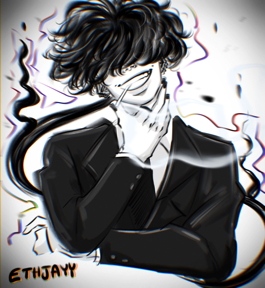 1boy, artist_name, black_nails, cigarette, ethjayy, exorcist_no_kiyoshi-kun, grin, hair_over_eyes, hand_up, highres, jewelry, male_focus, monochrome, mouth_hold, ponytail, ring, smile, smoking, solo, teeth_hold, toji_shuten, upper_body, white_background