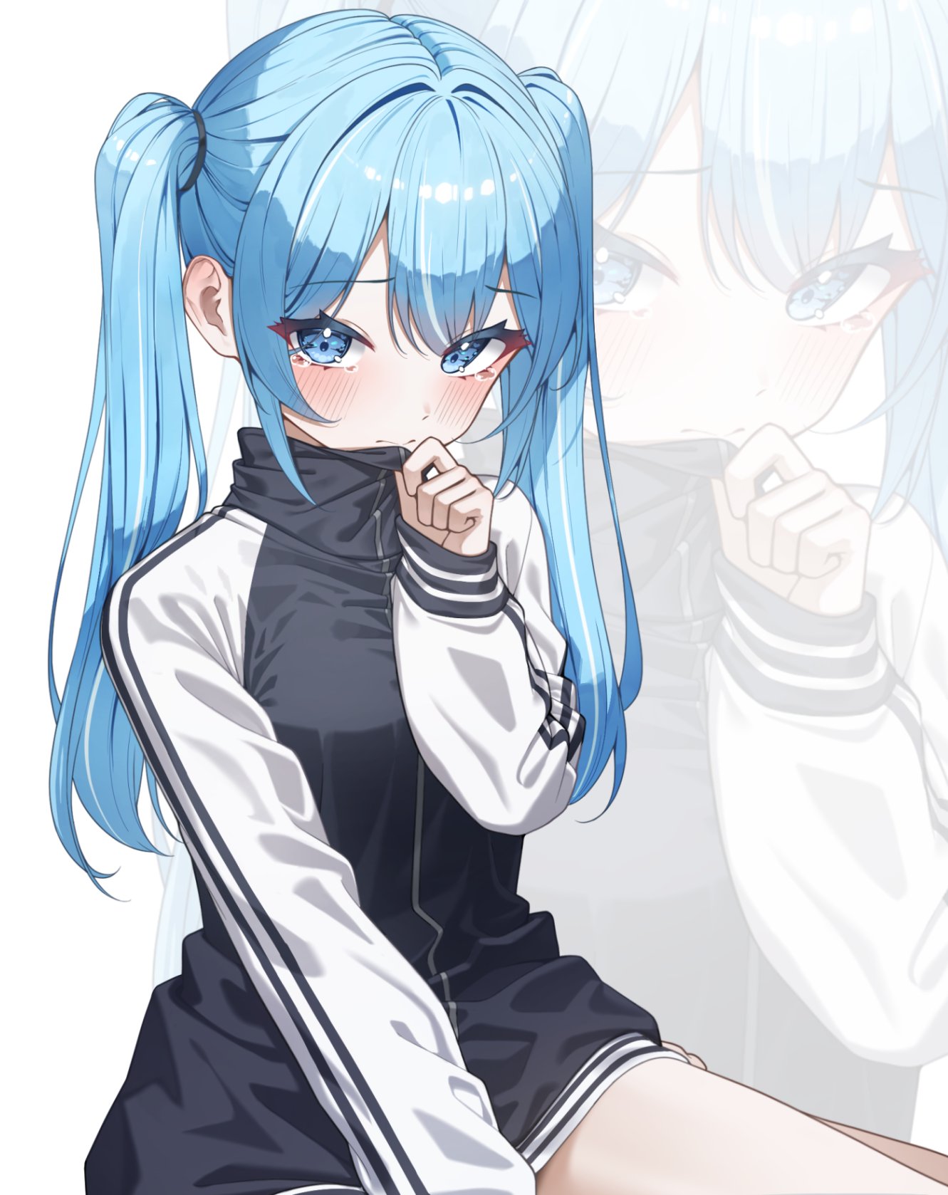 1girl, 3:, arahashi_tabi, black_jacket, blue_eyes, blue_hair, ekta, hand_up