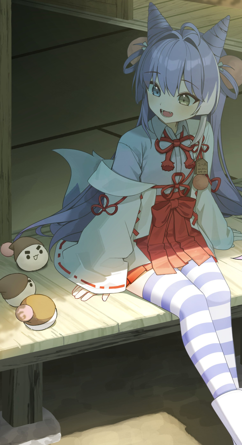 1girl, absurdres, ahoge, blue_eyes, collared_shirt, cone_hair_bun, ekta, fox_tail