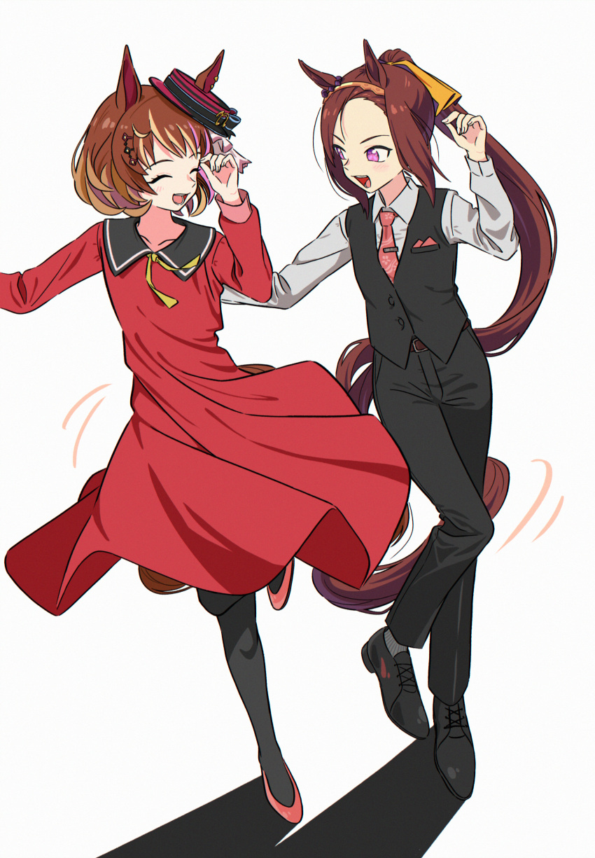 2girls, absurdres, animal_ears, appleq, belt, black_pantyhose, black_vest, blush