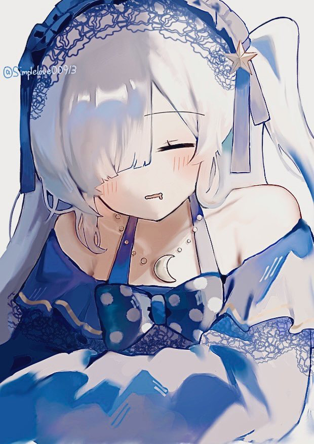 1girl, bare_shoulders, blue_dress, blue_hairband, blunt_bangs, closed_eyes, commentary, crescent