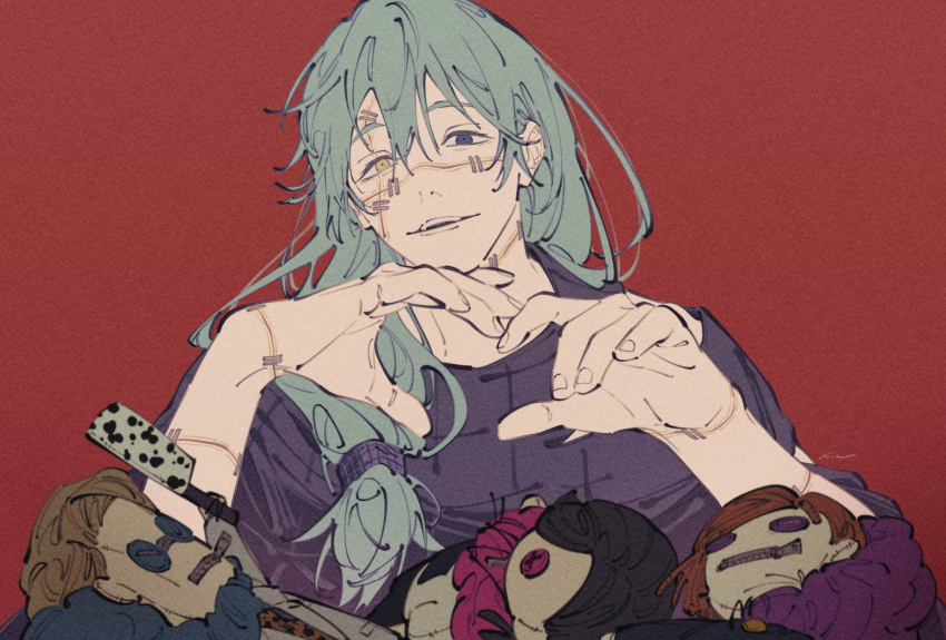 1boy, black_shirt, blue_eyes, blue_hair, brown_hair, character_doll, crew_neck, cursed_spirit_(jujutsu_kaisen)