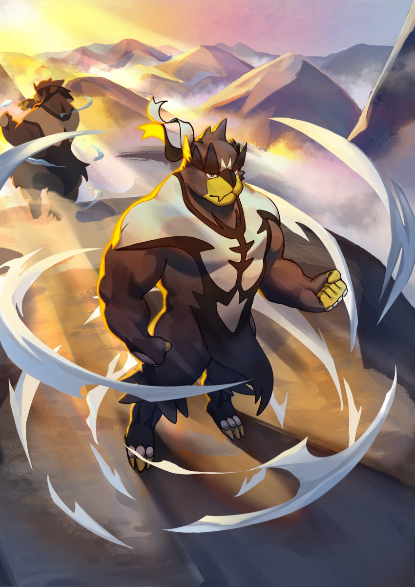 2others, arange_(youhei79384157), chinese_commentary, clenched_hands, closed_mouth, clouds, commentary_request, fang, fighting_stance, highres, looking_at_viewer, looking_to_the_side, mountainous_horizon, multiple_others, muscular, pokemon, pokemon_(creature), skin_fang, twilight, urshifu, urshifu_(rapid), urshifu_(single)