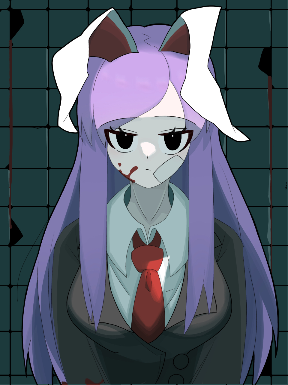 1girl, :|, ai_dayo_ai, animal_ears, bandage_on_cheek, bandage_on_face, bangs, black_eyes