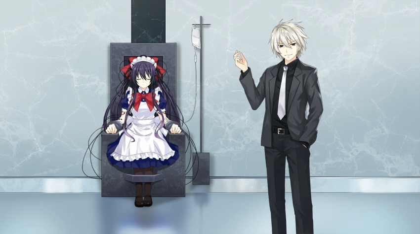1boy, 1girl, alternate_costume, apron, belt, black_belt, black_eyes, black_jacket