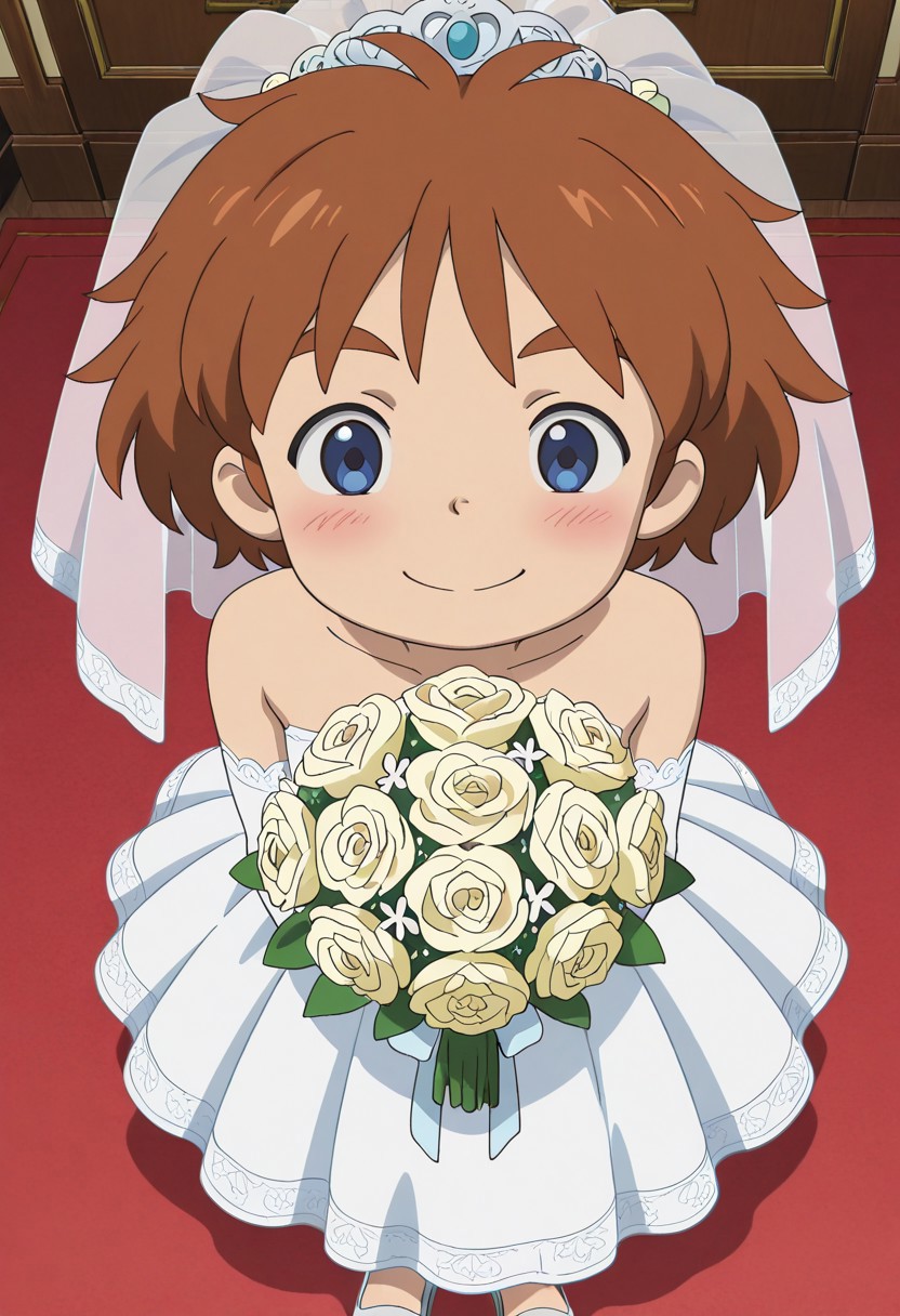 1boy, ai-generated, anime_coloring, blue_eyes, bouquet, brown_hair, crossdressing, ni_no_kuni