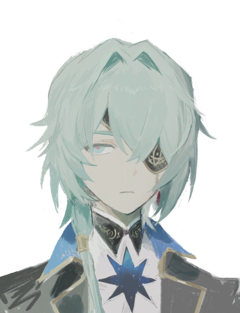 1boy, anaxa_(honkai:_star_rail), black_jacket, blue_eyes, blue_hair, closed_mouth, collared_jacket, curtained_hair, eyepatch, frown, honkai:_star_rail, honkai_(series), jacket, lapels, looking_to_the_side, male_focus, one_eye_covered, open_clothes, open_jacket, shirt, sideways_glance, simple_background, solo, tori_nos, upper_body, white_background, white_shirt, wing_collar