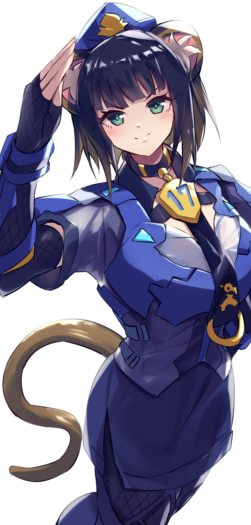 1girl, absurdres, animal_ear_fluff, animal_ears, armor, black_hair, blue_armor, blue_hat