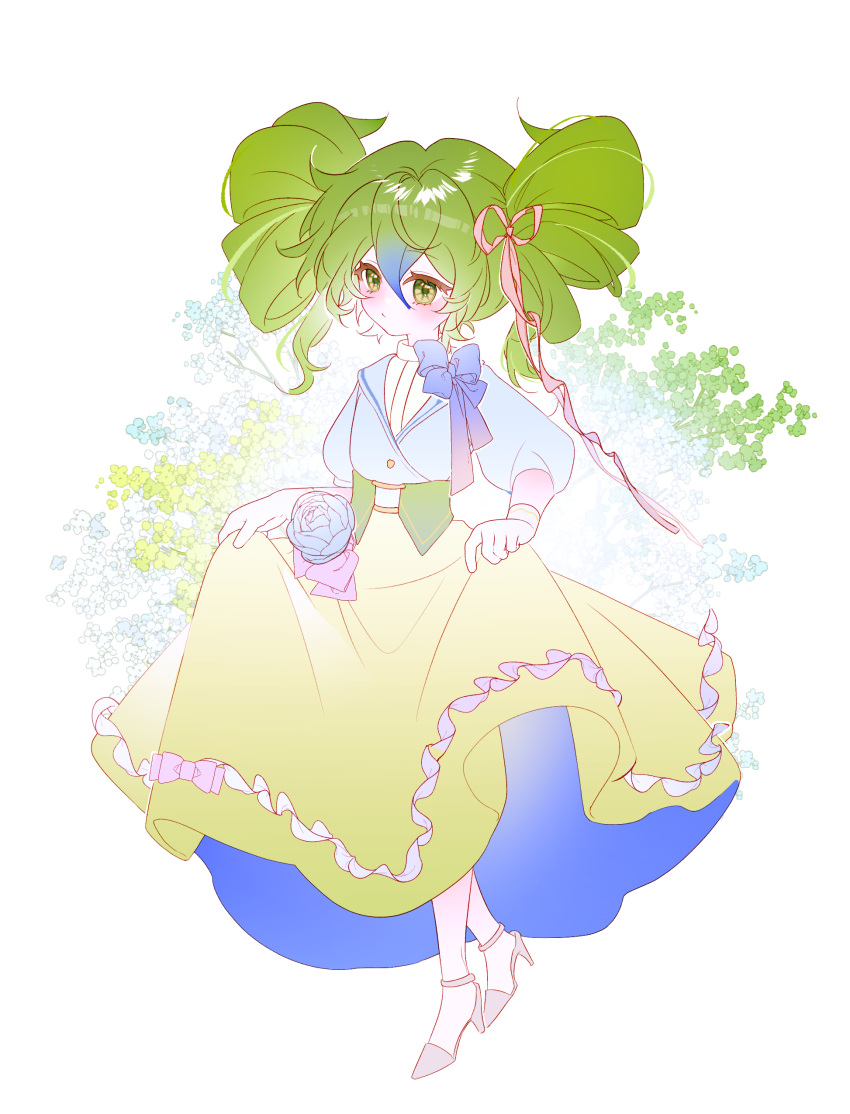 1girl, absurdres, blue_bow, blue_flower, blue_hair, blue_jacket, blue_rose, bow, buttons, chinese_commentary, closed_mouth, commentary_request, corset, double-parted_bangs, drill_hair, flower, gloves, gradient_hair, green_corset, green_eyes, green_hair, green_skirt, hair_between_eyes, hair_ribbon, high_heels, highres, jacket, leaf, long_skirt, looking_ahead, medium_hair, multicolored_hair, pale_skin, personification, pink_ribbon, plants_vs._zombies, plants_vs._zombies_2, princess_spring_grass, puffy_short_sleeves, puffy_sleeves, ribbon, rose, shirt, shoes, short-sleeved_jacket, short_sleeves, siiiiiiiiiii, simple_background, skirt, skirt_hold, solo, standing, turtleneck, turtleneck_shirt, twin_drills, two-sided_fabric, two-sided_skirt, two-tone_hair, white_background, white_gloves, white_shirt, white_shoes