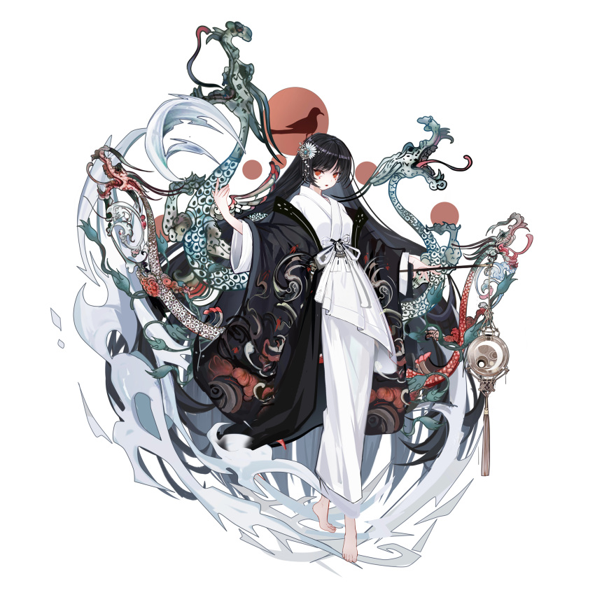 1girl, barefoot, black_hair, chinese_clothes, circle_facial_mark, dragon, eastern_dragon, faux_figurine, full_body, hair_ornament, hanfu, highres, long_hair, looking_at_viewer, mark_under_both_eyes, no_pupils, production_art, qujupao, red_eyes, red_lips, shan_gui_yu_yao, solo, t_xing_bohua_(wuhua_mixin), tachi-e, very_long_hair, white_hanfu, wuhua_mixin