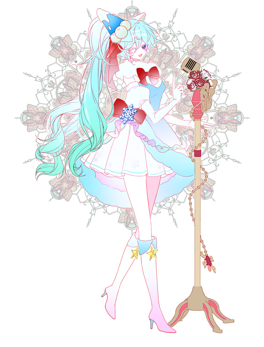 1girl, ;d, absurdres, aqua_hair, bare_shoulders, blue_dress, blue_hat, boots, bow, bowtie, breasts, chinese_commentary, colored_eyelashes, commentary_request, detached_sleeves, double-parted_bangs, dress, flower, frills, full_body, fur-trimmed_dress, fur_trim, gloved_sleeves, hair_between_eyes, hair_bow, hat, high_heel_boots, high_heels, high_ponytail, highres, index_finger_raised, juliet_sleeves, knee_boots, knees_together_feet_apart, long_hair, long_legs, long_sleeves, looking_at_viewer, microphone_stand, miniskirt, missile_toe_(plants_vs_zombies), one_eye_closed, open_mouth, pale_skin, personification, plants_vs._zombies, plants_vs._zombies_2, pleated_skirt, ponytail, puffy_sleeves, red_bow, red_bowtie, red_flower, red_rose, rose, siiiiiiiiiii, simple_background, skirt, small_breasts, smile, solo, standing, standing_on_one_leg, star_(symbol), very_long_hair, violet_eyes, white_background, white_boots, white_skirt, white_sleeves