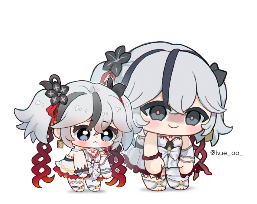 2girls, black_eyes, black_flower, blake_bloom_(wuthering_waves), camellya_(wuthering_waves), camellya_mascot_(meme), chibi, chibi_only