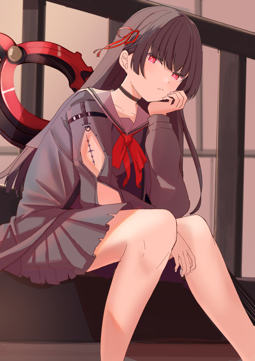 1girl, arm_cutout, black_choker, black_hair, black_shirt, black_skirt, chisa_(wuthering_waves), choker