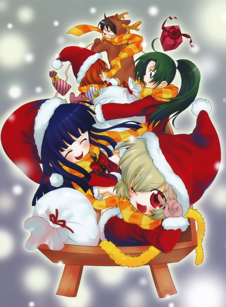 1boy, 4girls, blue_eyes, blue_hair, christmas, christmas_hat, closed_eyes, fang