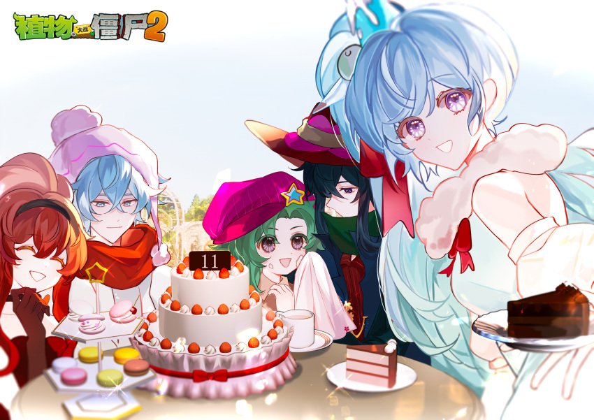 2girls, 3boys, :d, ^_^, absurdres, anniversary, bare_shoulders, beanie