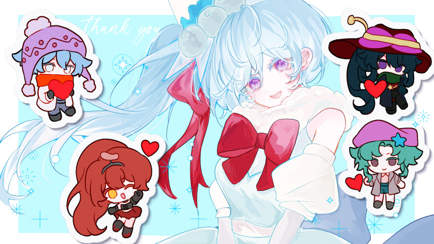 2girls, 3boys, :d, back_bow, bare_shoulders, blue_bow, blue_dress, blue_hair