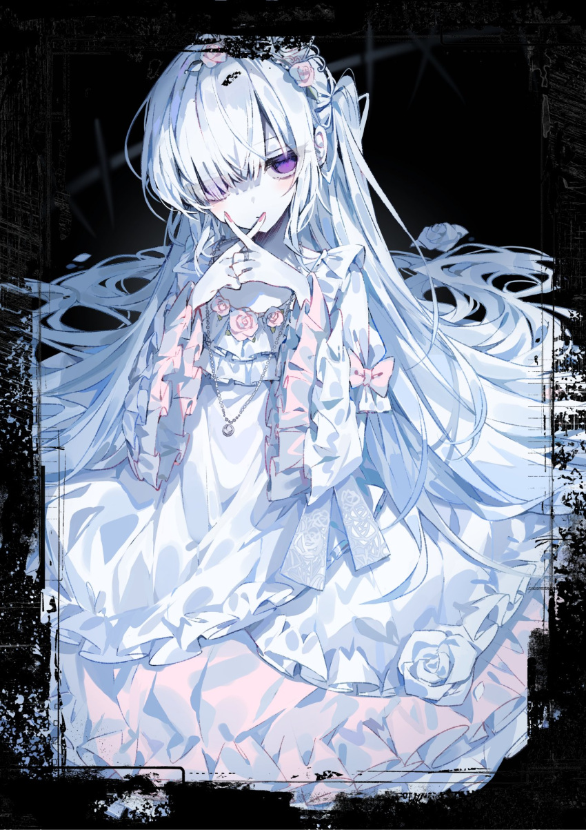 1girl, black_background, black_border, border, closed_mouth, commentary_request, dress, flower