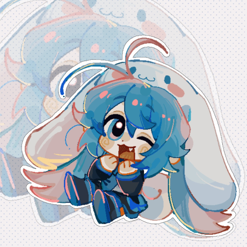 1girl, ahoge, blue_eyes, blue_hair, blue_necktie, blue_trim, boots, chibi