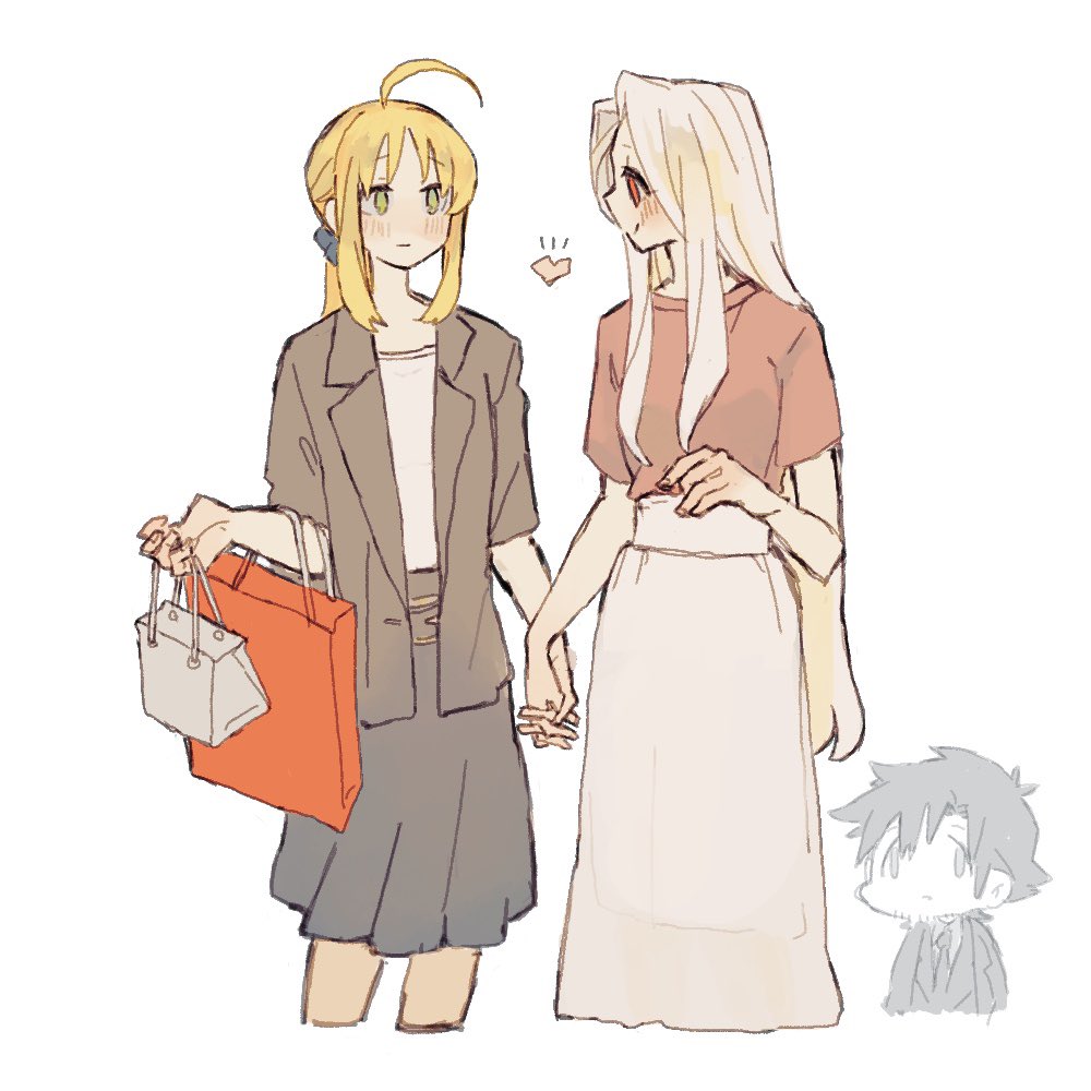 1boy, 2girls, ahoge, artoria_pendragon_(fate), bag, blonde_hair, casual, chibi, couple, emiya_kiritsugu, fate/zero, fate_(series), green_eyes, heart, holding, holding_hands, husband_and_wife, implied_cheating_(relationship), irisviel_von_einzbern, long_hair, looking_at_another, multiple_girls, red_eyes, saber_(fate), shopping_bag, spoken_heart, tugo_119, white_background, white_hair, yuri