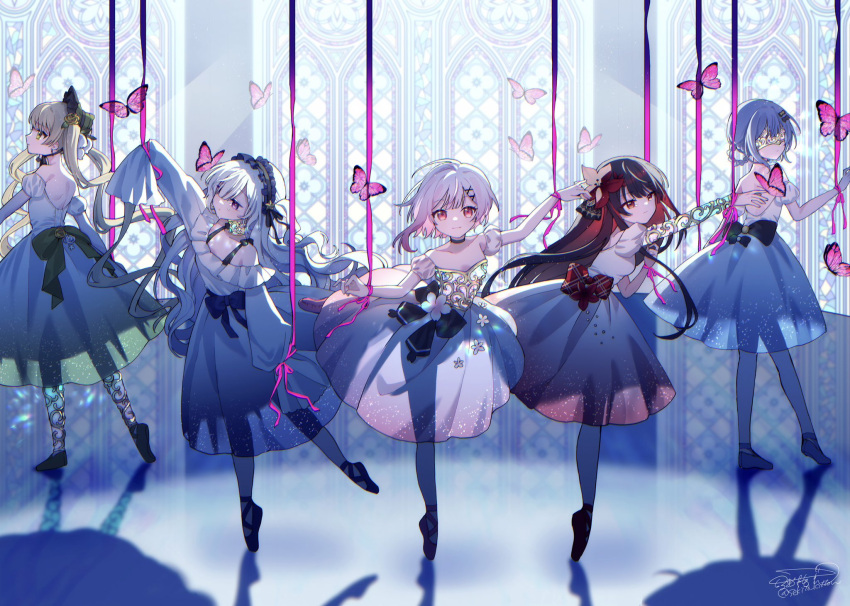 5girls, arm_up, ballet_slippers, bare_shoulders, black_hair, blue_ribbon, bonnet, braid
