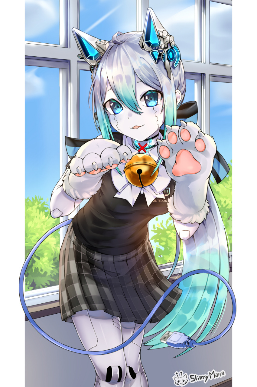 1girl, :3, ahoge, android, animal_hands, aqua_eyes, aqua_hair, artist_logo, artist_name, bell, black_bow, black_sweater_vest, blue_eyes, blue_sky, bow, bush, cable, cable_tail, character_name, choker, collared_shirt, colored_skin, commentary_request, fur-trimmed_gloves, fur_trim, gloves, gradient_hair, grey_skirt, hair_between_eyes, hair_bow, highres, indie_virtual_youtuber, indoors, jingle_bell, joints, large_bow, logo, long_hair, long_sidelocks, looking_at_viewer, mechanical_ears, mechanical_tail, mixed-language_commentary, multicolored_hair, muted_asria, name_tag, neck_bell, parted_lips, paw_gloves, pillarboxed, plaid_clothes, plaid_skirt, pleated_skirt, ponytail, robot_joints, school_uniform, shirt, short_sleeves, sidelocks, skirt, sky, slimymana, spanish_commentary, sweater_vest, tail, twitch_logo, usb_cable, very_long_hair, virtual_youtuber, white_gloves, white_hair, white_shirt, white_skin, window, wing_collar