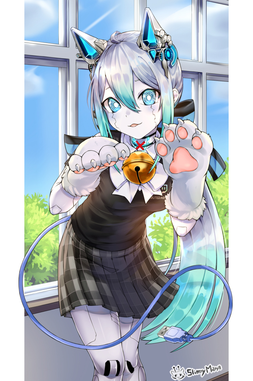 1girl, :3, ahoge, android, animal_hands, aqua_eyes, aqua_hair, artificial_eye