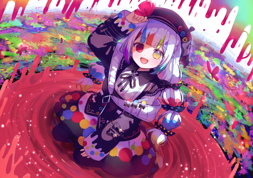 1girl, :d, arm_up, beret, black_hat, black_jacket, black_ribbon, blonde_hair