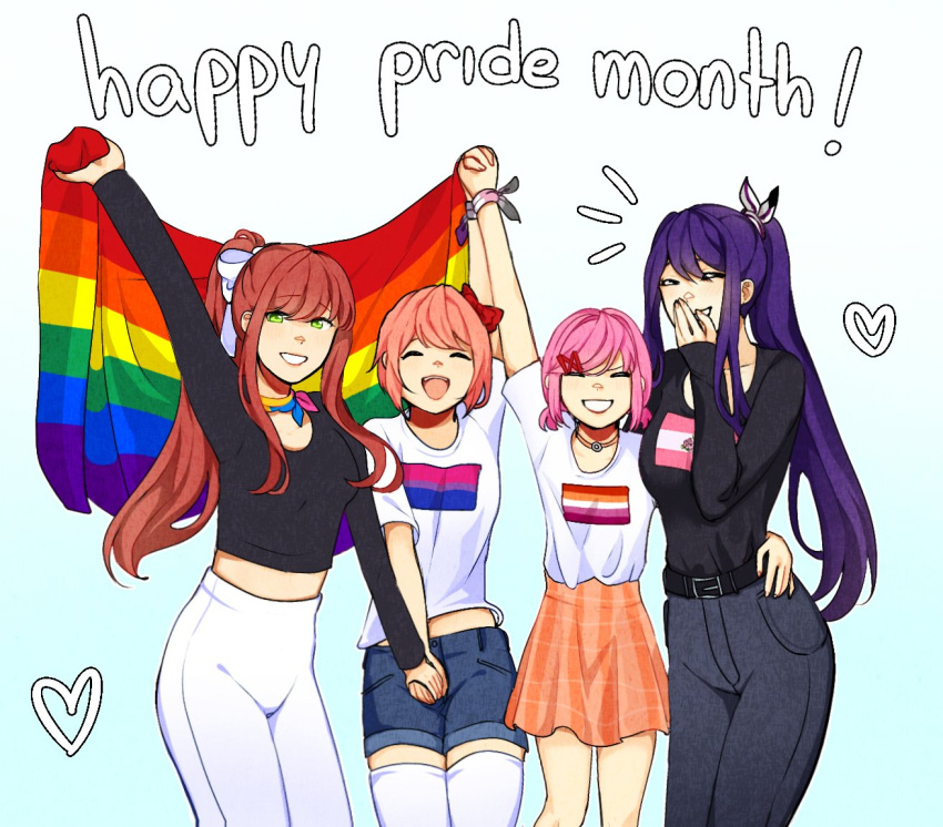 !, belt, bisexual_flag, black_shirt, blue_background, blue_hair, blue_pants, bow