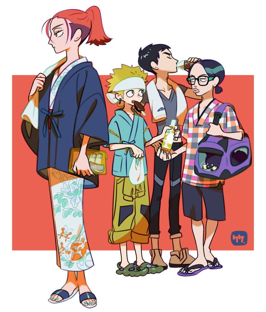1girl, 3boys, annqi, bag, black_hair, blonde_hair, bottle, closed_eyes