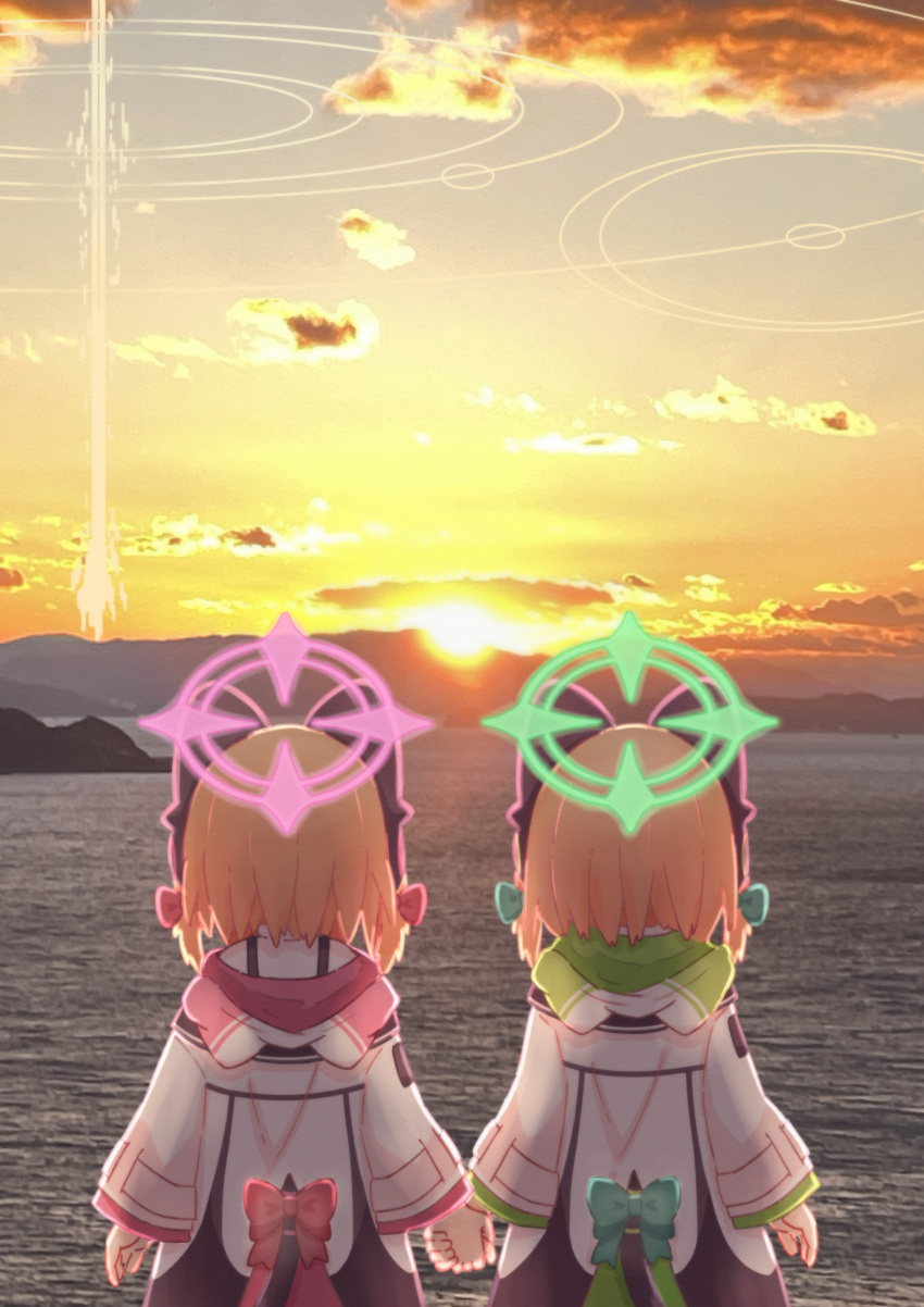 2girls, absurdres, animal_ear_headphones, animal_ear_hood, animal_ears, arms_at_sides, backlighting, black_jacket