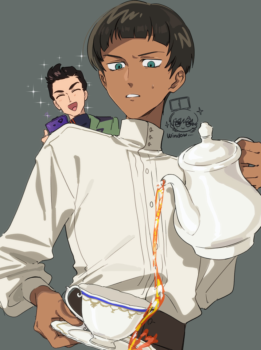 2boys, absurdres, atharv, black_hair, chibi, chibi_inset, closed_eyes, commentary_request
