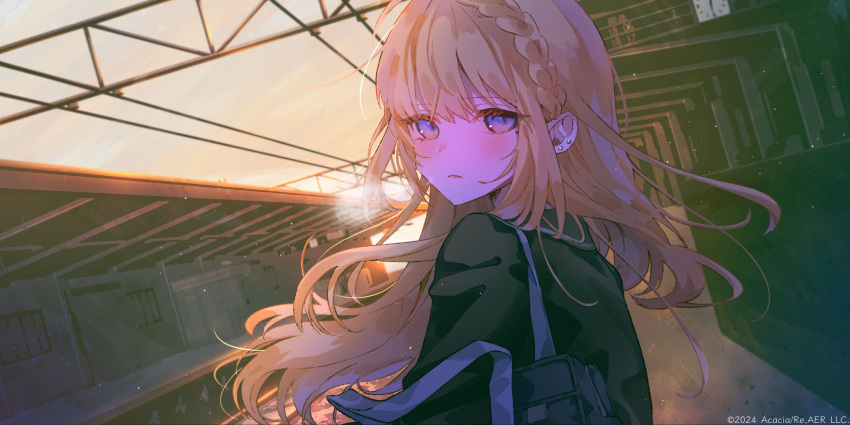 1girl, bag, black_jacket, blonde_hair, blue_eyes, blush, braid, commentary_request, crown_braid, ear_piercing, from_behind, from_side, hair_between_eyes, highres, jacket, long_hair, looking_at_viewer, looking_back, mahou_shoujo_no_majo_saiban, official_art, outdoors, piercing, saeki_miria, school_bag, second-party_source, solo, strap_slip, train_station, upper_body