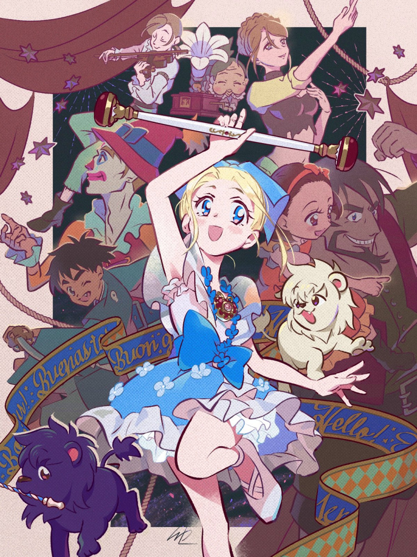 4boys, 4girls, abel_geiger, anna_petrova, arm_up, ashita_no_nadja, beard, blonde_hair, blue_dress, blue_eyes, blush, brown_hair, chocolat_(ashita_no_nadja), clown, commentary_request, cream_(ashita_no_nadja), dress, facial_hair, george_haskill, hair_bun, hat, highres, holding, holding_instrument, holding_violin, instrument, kennosuke_tsurugi, kuwabara_(mola_8), lion, makeup, multiple_boys, multiple_girls, nadja_applefield, old, old_woman, phonograph, rita_rossi, smile, standing, standing_on_one_leg, sylvie_arte, thomas_o'brien, violin