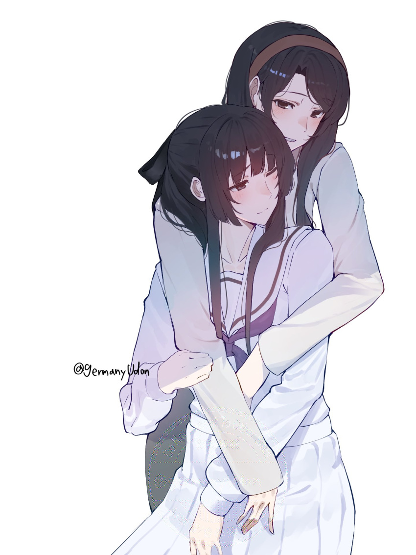 2girls, black_hair, blue_sailor_collar, doitsuudon, highres, innocent_grey, kara_no_shoujo, kara_no_shoujo_2