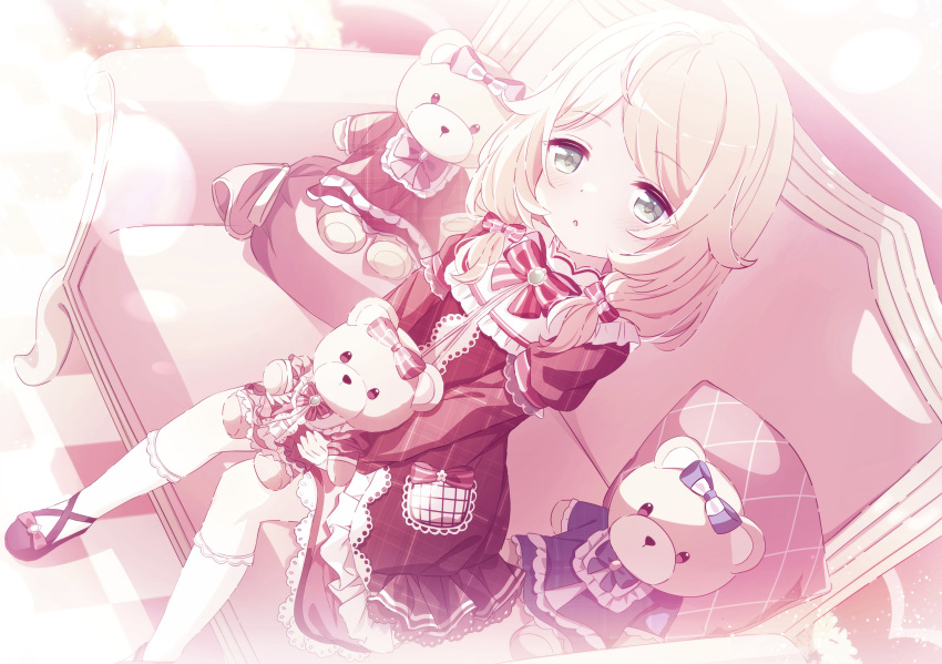 1girl, absurdres, blonde_hair, bow, commentary, couch, dress, flat_chest