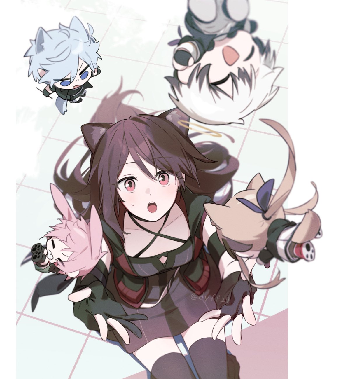 2girls, 3boys, adnachiel_(arknights), animal_ears, ansel_(arknights), arknights, black_dress, black_gloves
