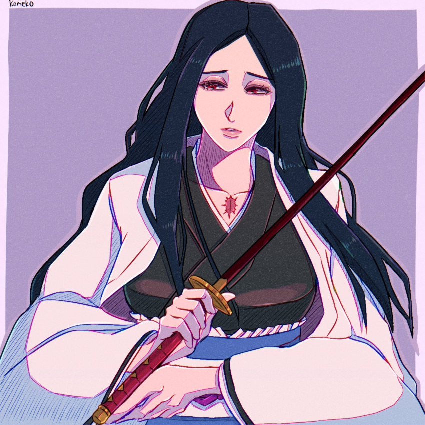 1girl, artist_name, black_hair, black_kimono, bleach, haori, highres, holding