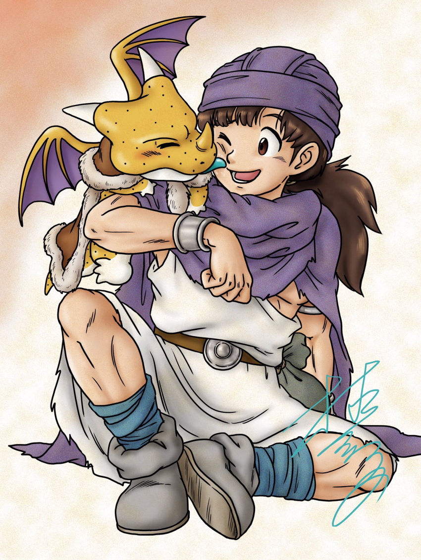 armlet, blue_socks, boots, bracer, brown_eyes, brown_hair, dragon, dragon_quest