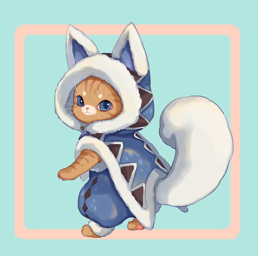 1other, animal_ears, animal_feet, animal_hands, animal_nose, blue_background, blue_cloak, blue_eyes