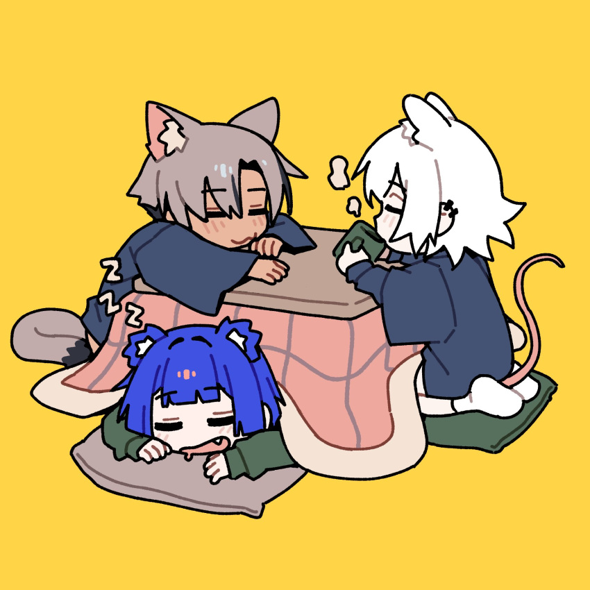 3girls, :3, animal_ear_fluff, animal_ears, arms_on_table, arms_up, bear_ears, bear_girl