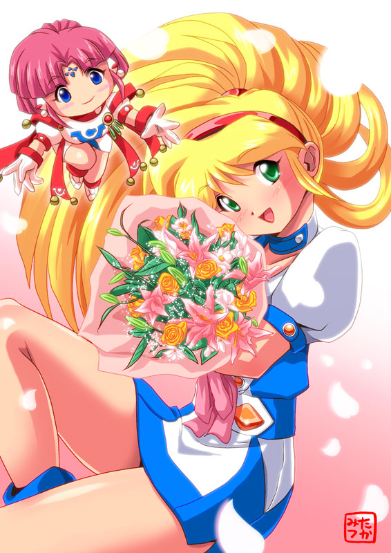 2girls, blonde_hair, blue_eyes, blush, bouquet, chibi, choker, facial_mark