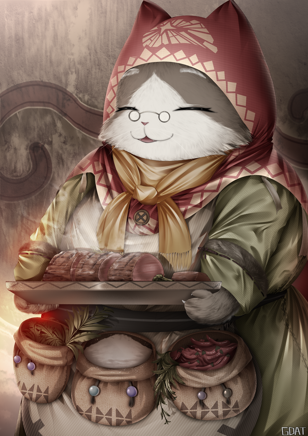 1girl, :3, animal_ears, animal_hands, animal_nose, apron, belt_pouch, cat_ears