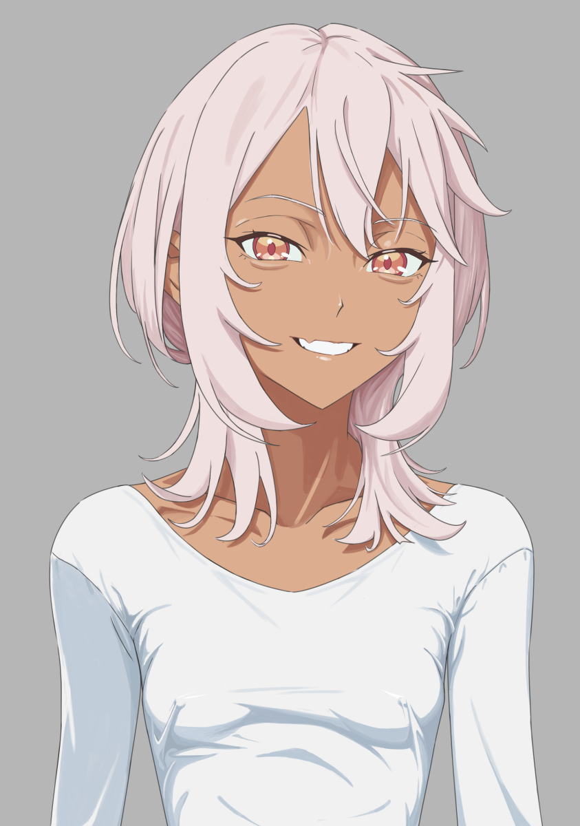 19_chisinlo, 1girl, aegyo_sal, breasts, chloe_von_einzbern, commentary_request, dark-skinned_female, dark_skin, fate/kaleid_liner_prisma_illya, fate_(series), grey_background, highres, looking_at_viewer, medium_hair, orange_eyes, pink_hair, shirt, small_breasts, smile, solo, upper_body, white_shirt, wolf_cut