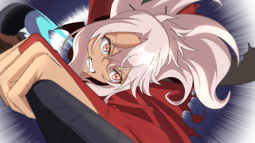 19_chisinlo, 1girl, battle, chloe_von_einzbern, chloe_von_einzbern_(archer_install), clenched_teeth, dark-skinned_female, dark_skin